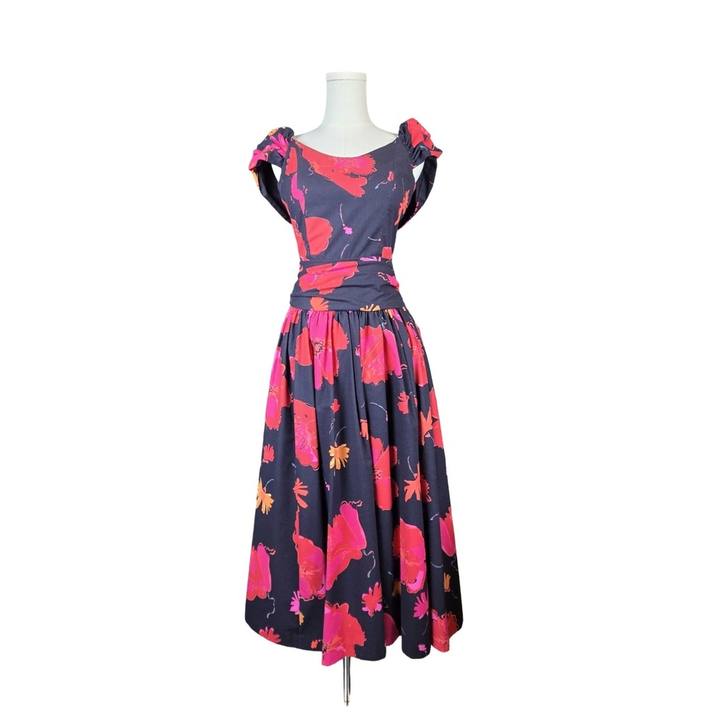 Vintage 80s Laura Ashley Floral Cotton Midi Dress USA Made in Great Britain Pink